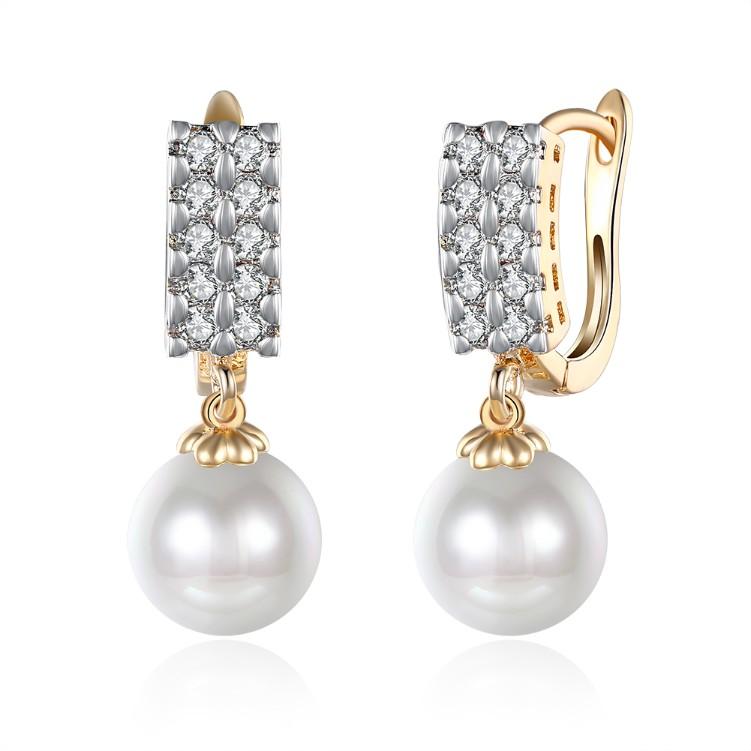 Austrian Crystal Square Shaped Pearl Leverback Earrings Set in 18K Gol