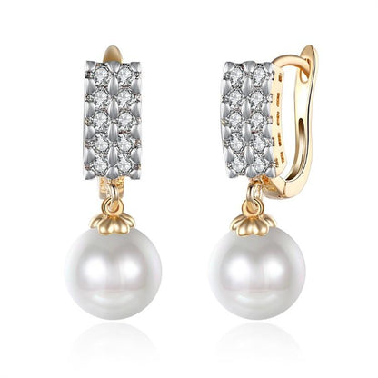 Austrian Crystal Square Shaped Pearl Leverback Earrings Set in 18K Gol