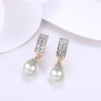 Austrian Crystal Square Shaped Pearl Leverback Earrings Set in 18K Gol