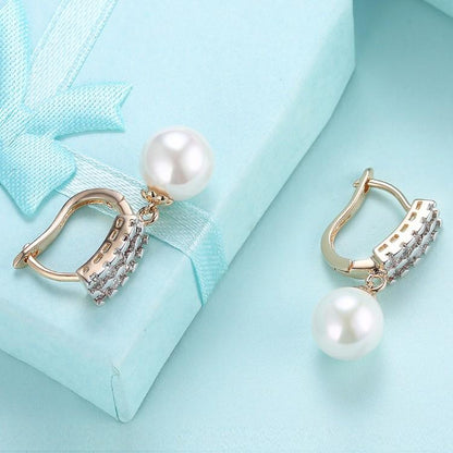 Austrian Crystal Square Shaped Pearl Leverback Earrings Set in 18K Gol