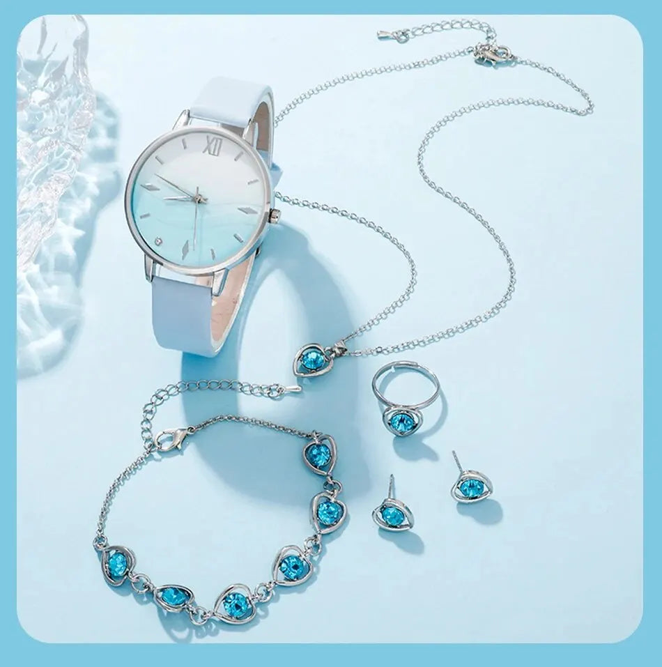 BlueGlam Set - Blue Rhinestone Leather Watches