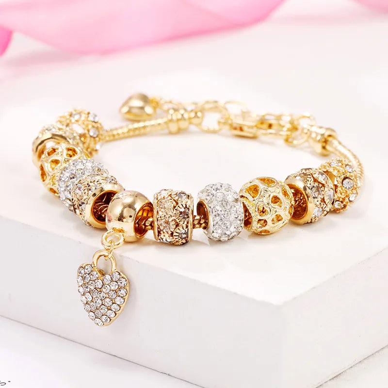 Golden Heart Charm - Gold Crystal Bracelet