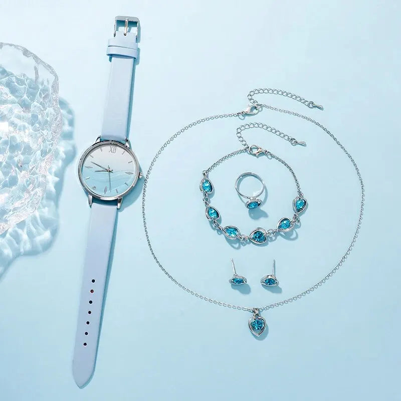 BlueGlam Set - Blue Rhinestone Leather Watches