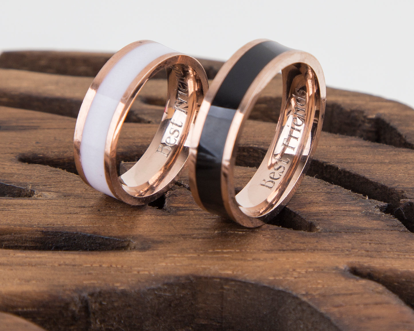 Rose Gold Personalized Couple Rings Black and White