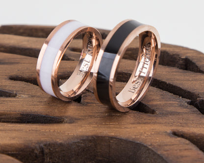 Rose Gold Personalized Couple Rings Black and White