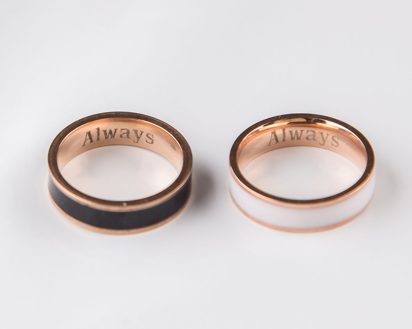 Rose Gold Personalized Couple Rings Black and White