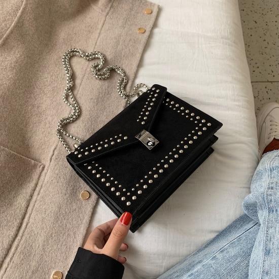 Scrub Leather Chain Rivet Lock Shoulder Bag